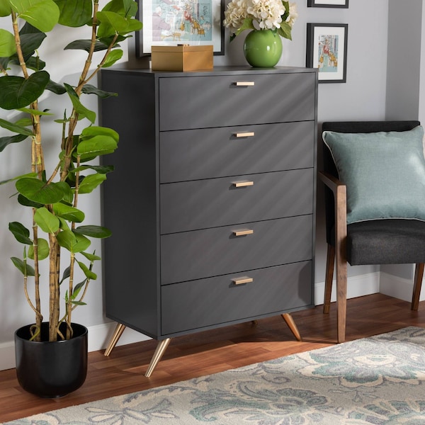 Baxton Studio Kelson Modern and Contemporary Dark Grey and Gold Finished Wood 5-Drawer Chest 189-11575-ZORO - main